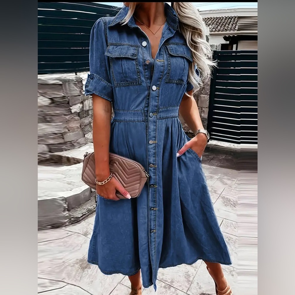 Women's waist a-line Jean Dress Row button down V-neck dress